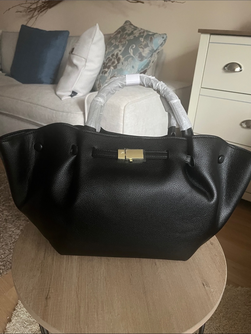 Classic Black Tote with Gold Accent - Women's Structured Handbag
